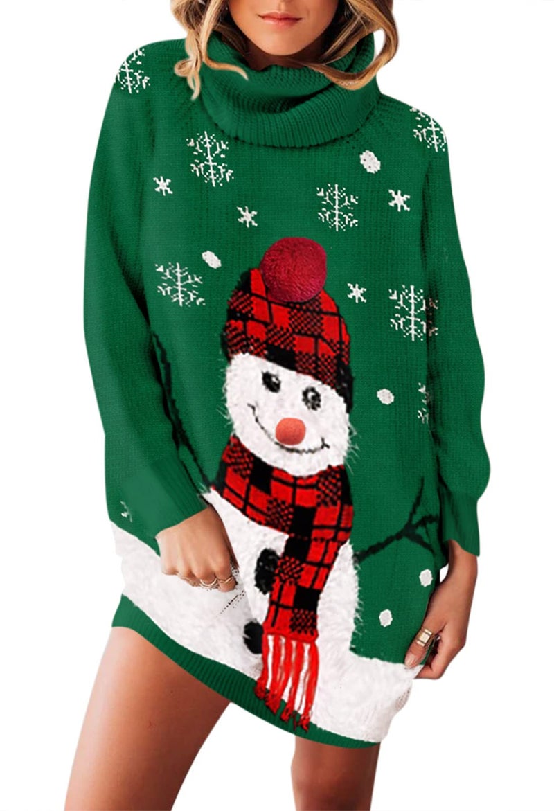Pink Queen Women Christmas Santa Hat Snowman Turtleneck Pullover Sweater Dress Dark Green XL - Image 2